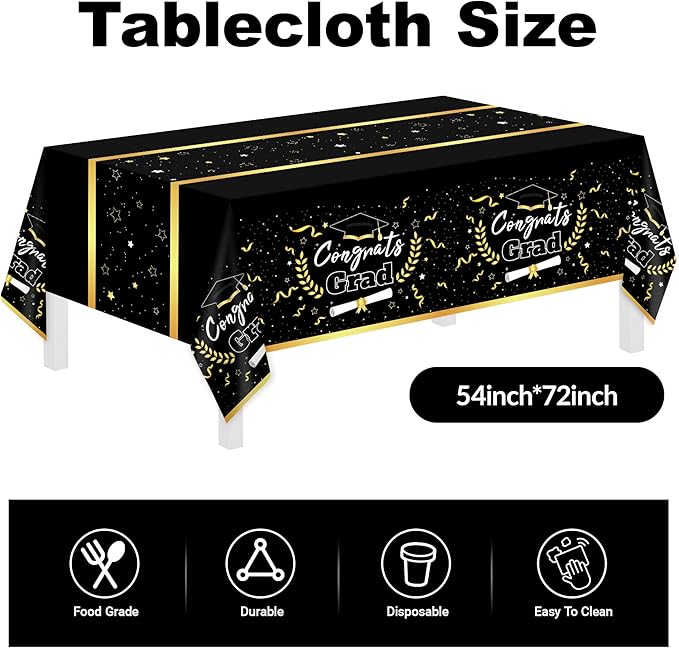 Graduation Decorations Class of 2026 Graduation Party Decorations,147 PCS Disposable Congrats Grad Tableware,Black and Gold Tablecloth Knives Fork Plates Napkin Cups for School,College,Party,Serve 24