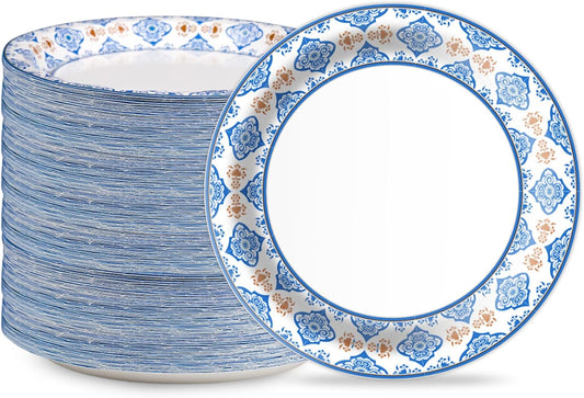 10 Inch Blue Floral Paper Plates, 150pcs Large Disposable Plates, Heavy Duty Flower Plate Tableware for Party, Daily Use, Soak Food,Cut Food, Family Gathering, Dinner Time Birthday Wedding