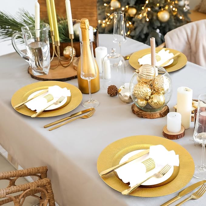 Tanlade 50 Pcs Gold Charger Plates Bulk, 13" Round Plastic Dinner Charger Plate, Shiny Golden Table Chargers Serving Plates Catering Tabletop for Thanksgiving Halloween Christmas Wedding Party Decor
