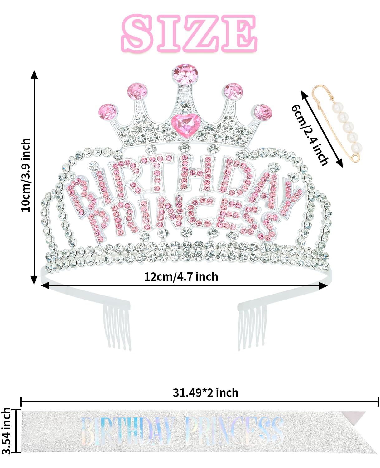 Wecoe Silver Birthday Crown and Sash: Women's Princess Crown with Rhinestone Tiaras & Sash - Happy Birthday Party Favors & Decorations for Adult Women Celebrants