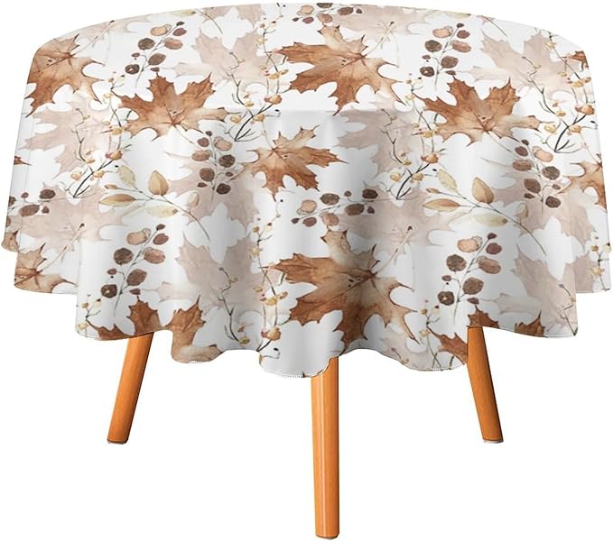 Thanksgiving Maple Leaves Tablecloth, Watercolor Autumn Harvest Fall Watercolor Blue Yellow Leaves Table Cover for Party Picnic Dinner Decor 70x70 Inch Round