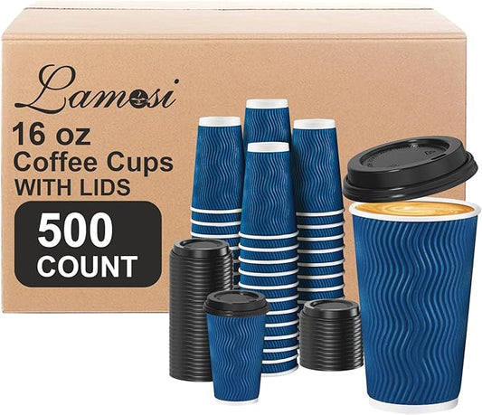 Lamosi Disposable Coffee Cups with Lids 16 OZ 500 Pack, Insulated Paper Coffee Corrugated Ripple Wall To Go Cup with for Hot Beverages - Blue