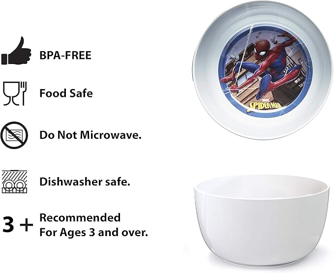 Zak Designs 5-Piece Dinnerware Set, Marvel Spider-Man - Durable Plastic & Stainless Steel - Includes Tumbler, 8-Inch Plate, 6-Inch Bowl, Fork & Spoon - Suitable for Kids Ages 3+