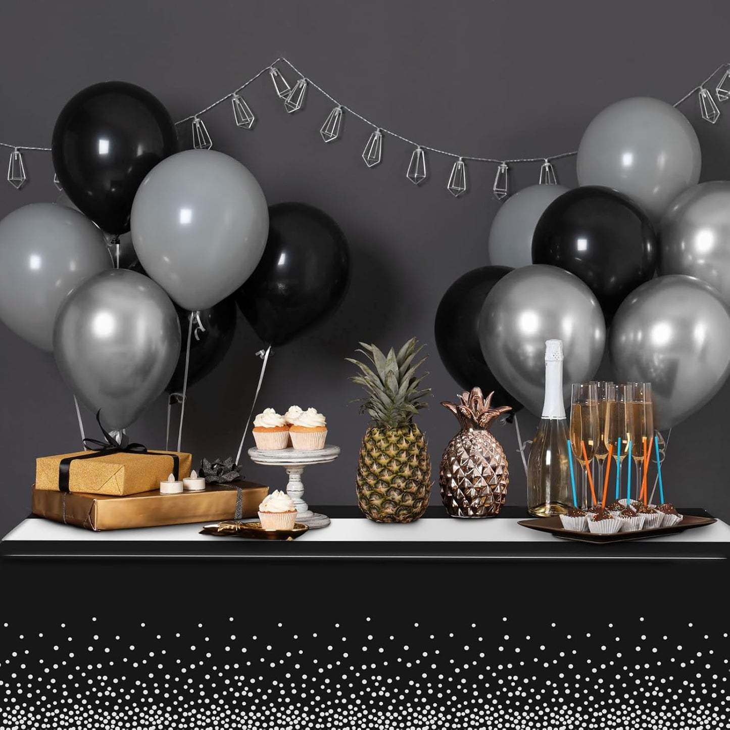 3Pcs Black and Silver Tablecloth Party Decorations,Plastic Black Table Cloth Printed Silver Table Runner Disposable Rectangle Table Cover for Birthday Anniversary Wedding Graduation Party,54 x108 Inch