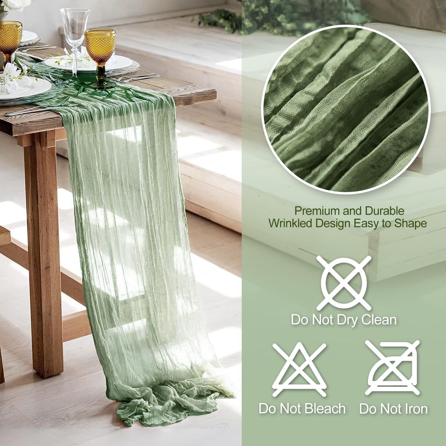 GARIG 6 Sage Green Table Runner for Summer, 10FT Boho Sheer Spring Gauze Cheesecloth Table Runner 35x120Inch for Mother's Day Wedding Party Baby Bridal Shower Birthday Home Decor