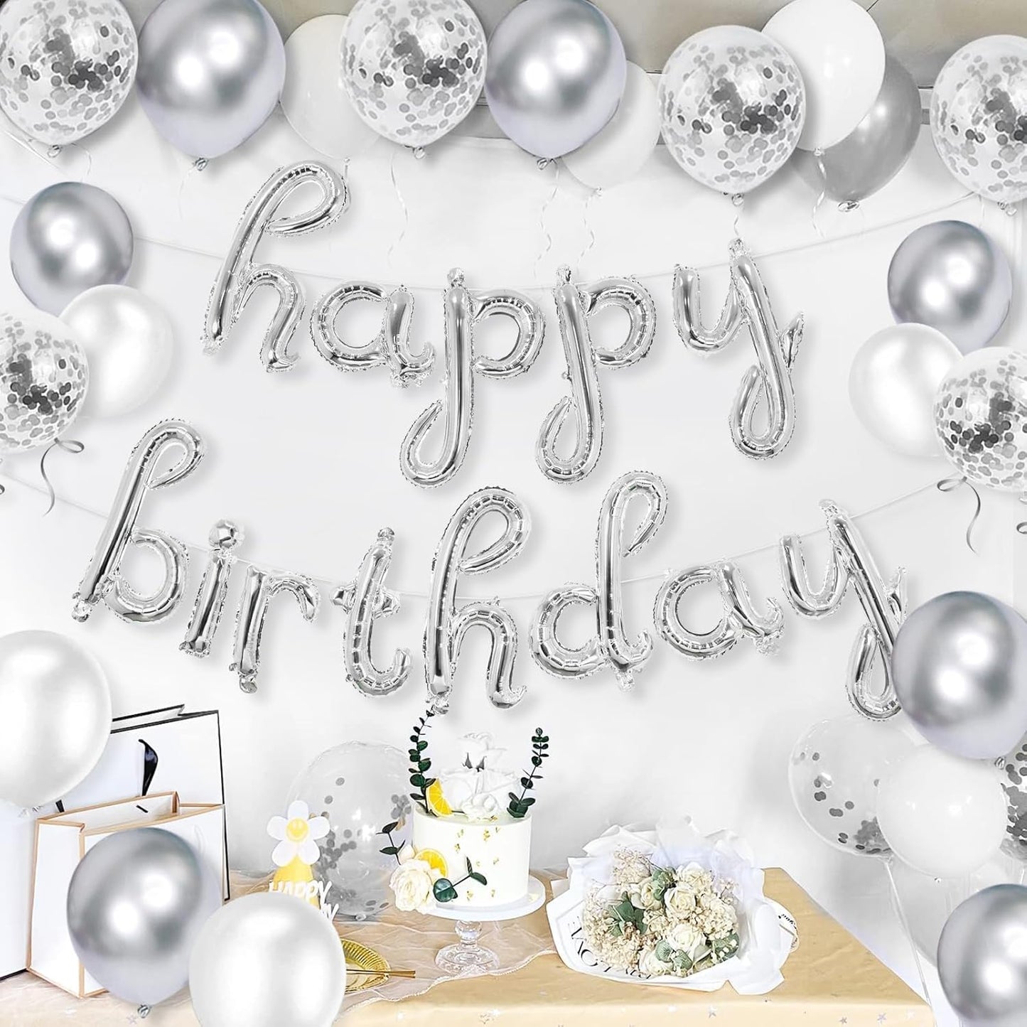 Silver Happy Birthday Banner, 25 pcs Cursive Silver Foil Letters Balloons Sign with Latex Balloons, Happy Birthday Party Decorations for Women Men Birthday Decor