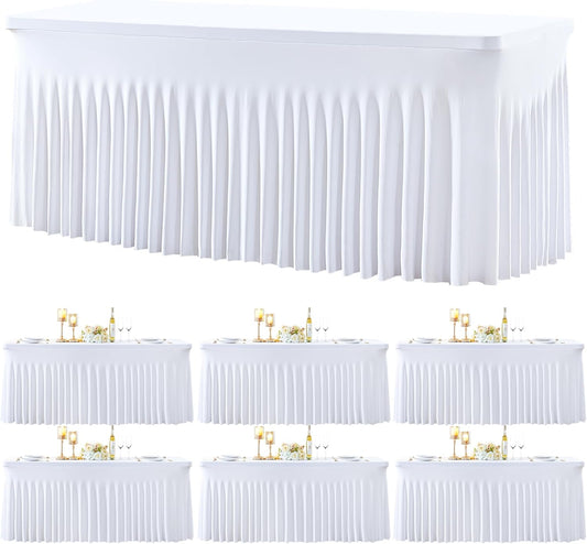 Besutolife 6 Pack White Spandex Tablecloth for 6ft Rectangle Tables Fitted Table Cloth Stretch Table Covers Skirt 6ft Rectangular Tablecloths for Banquet Parties Wedding Decorations