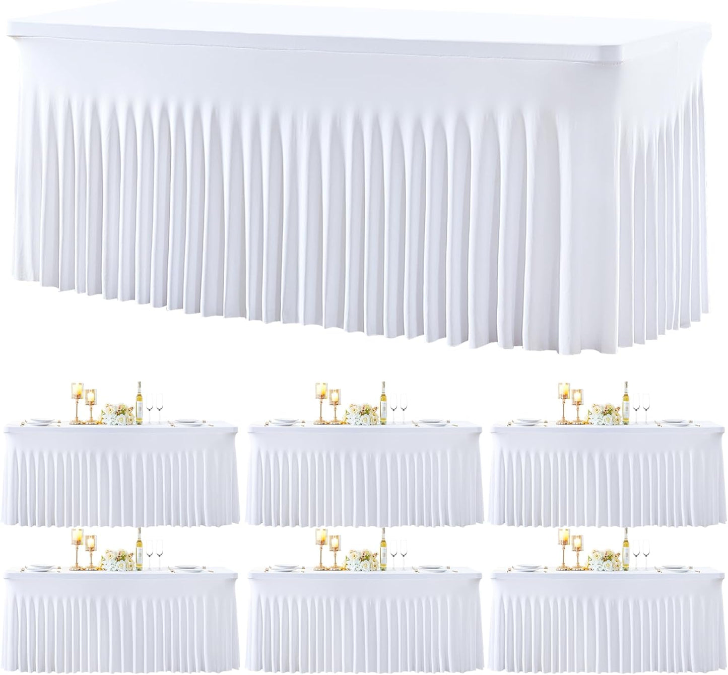 Gogoparti 6 Pack White Spandex Fitted Table Cloth for 6ft Rectangle Tables - Wrinkle Free, Stretch, Multi-Occasion