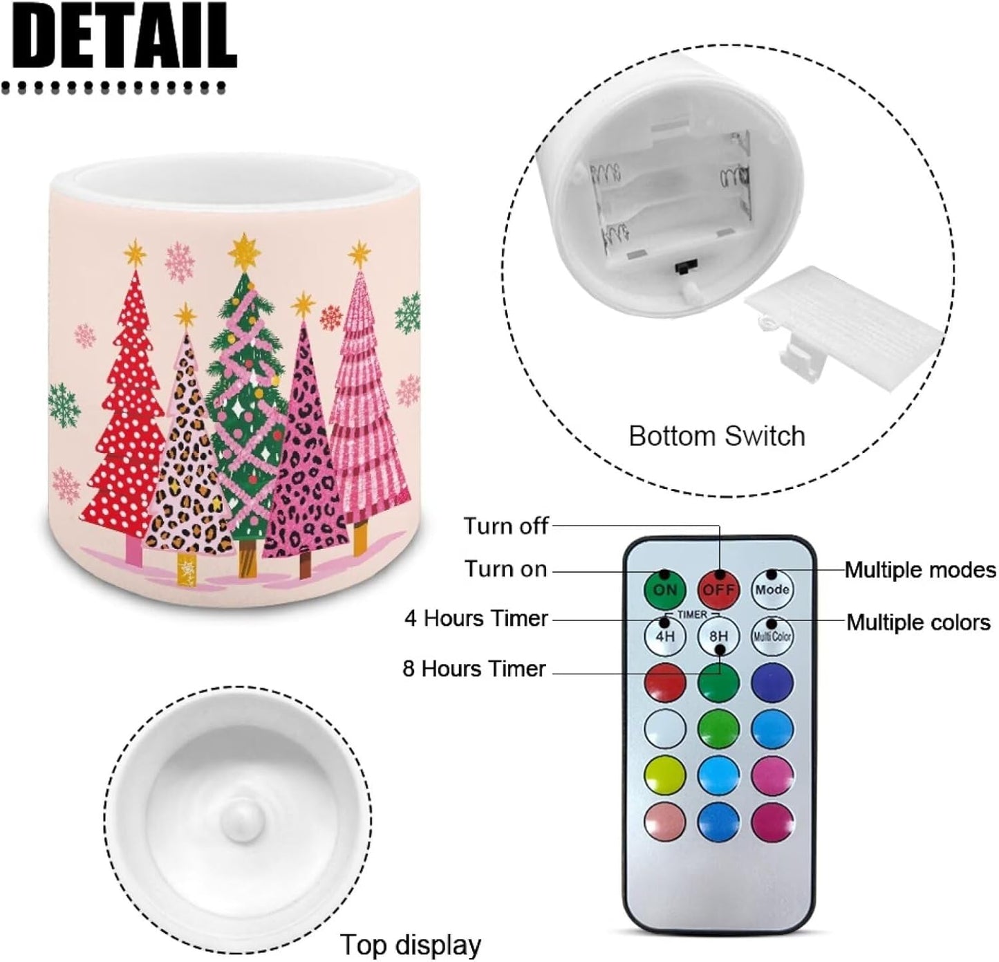 Poceacles Christmas LED Flameless Candles Set of 4 Battery Operated Fake Flickering Candles with Remote and Timer, for Holiday Festival Decor, Leopard Print Christmas Tree Snowflake Pink
