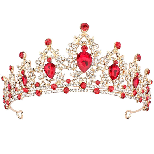 CAVETEE Gold Baroque Queen Crown for Women - Luxurious Red Rhinestones - Wedding, Prom, Christmas, Thanksgiving - 1 Count (Pack of 1) - Size: 15cm/5.9" Length, 5.8cm/2.3" Height