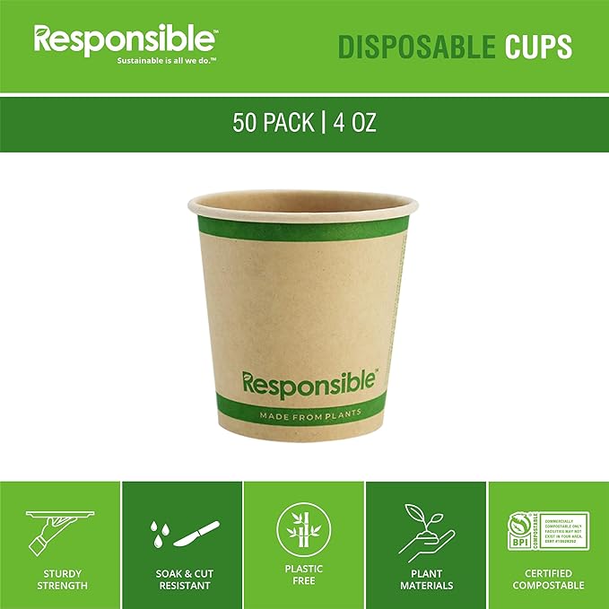 Responsible Products Certified Compostable 4 oz Paper Cups, Cold ＆ Hot Coffee Cups, Disposable Paper Cups, Extra Strength Disposable Cups, Made without PFAS (50 count)