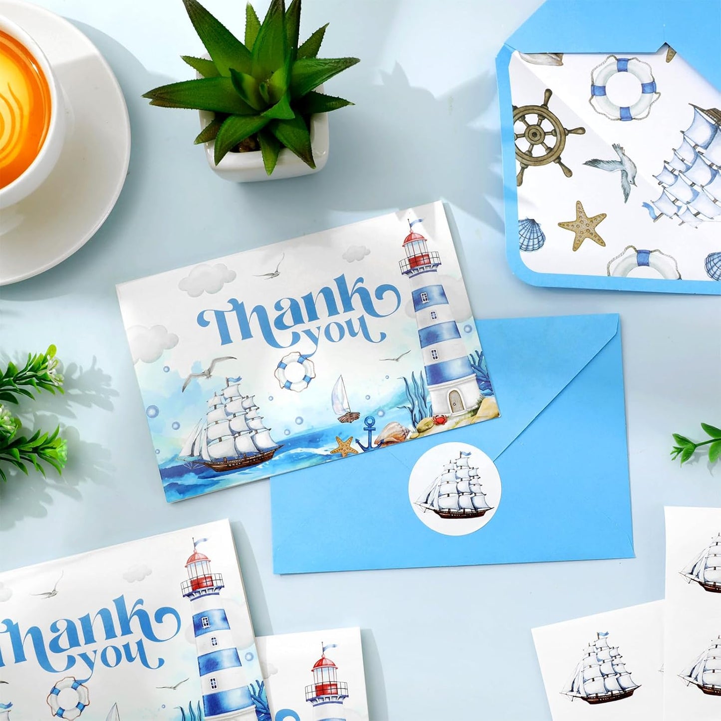 Whaline 24 Pack Nautical Thank You Cards Summer Blue Sea Lighthouse Ship Note Cards with Envelopes Stickers Marine Greeting Blank Cards for Birthday Baby Shower