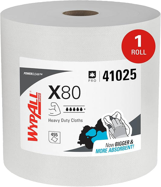 WypAll PowerClean X80 Cloths Heavy Duty Wipes (41025), Jumbo, Extended Use Towels, White (1 Roll of 475 Sheets, 475 Sheet Total)