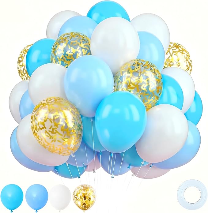 Blue and White Balloons - 60PCS 12 Inch Pearl White,Baby Blue,Linght Blue,Gold Confetti Balloons for Wedding, Birthday, Baby Shower Party Decor