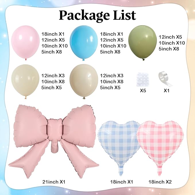 Silly Goose Balloon Arch with Checkered Heart Bow Foil Balloons, Pink Blue Sage Green Sand White Ivory Balloon Garland for Girls Boys First Birthday Baby In Bloom Baby Shower Flower Fairy Tea Decor