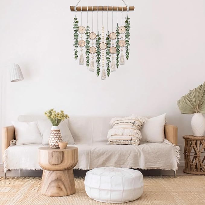 Boho Wall Decor Artificial Eucalyptus Bathroom Decor Fake Eucalyptus Greenery Leaves Stems Wall Hanging Plants on 16.5 inch Wooden Stick with Wooden Bead Rustic Farmhouse for Bedroom Nursery Kitchen