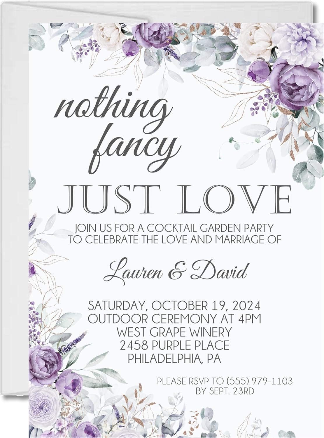 Lavender & Purple Rose Wedding Invitations, Boho Garden, Personalized, Set of 12 Invitations with Envelopes