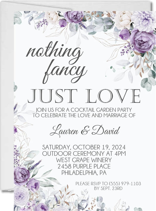 Lavender & Purple Rose Wedding Invitations, Boho Garden, Personalized, Set of 12 Invitations with Envelopes