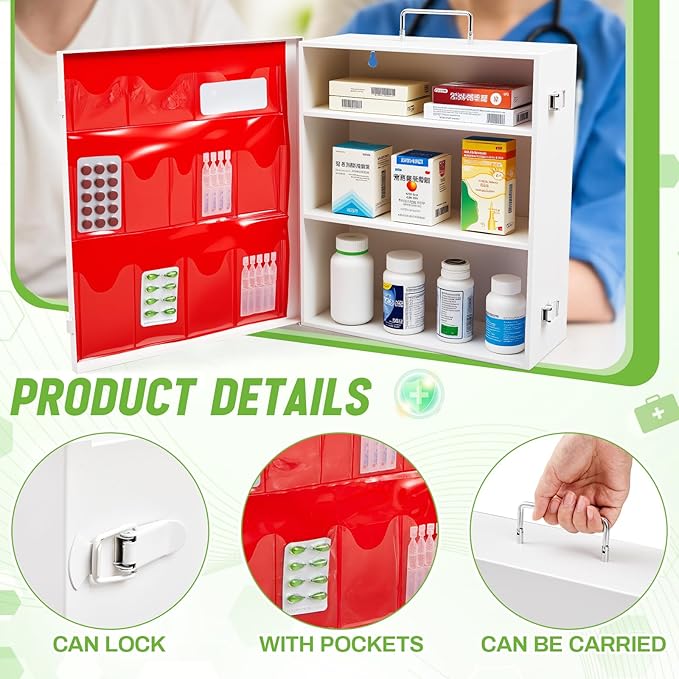 3-Shelf First Aid Cabinet with Pockets, Large Capacity Wall Mount Medicine Cabinet, Secure Metal Med Box with Easy Access-White
