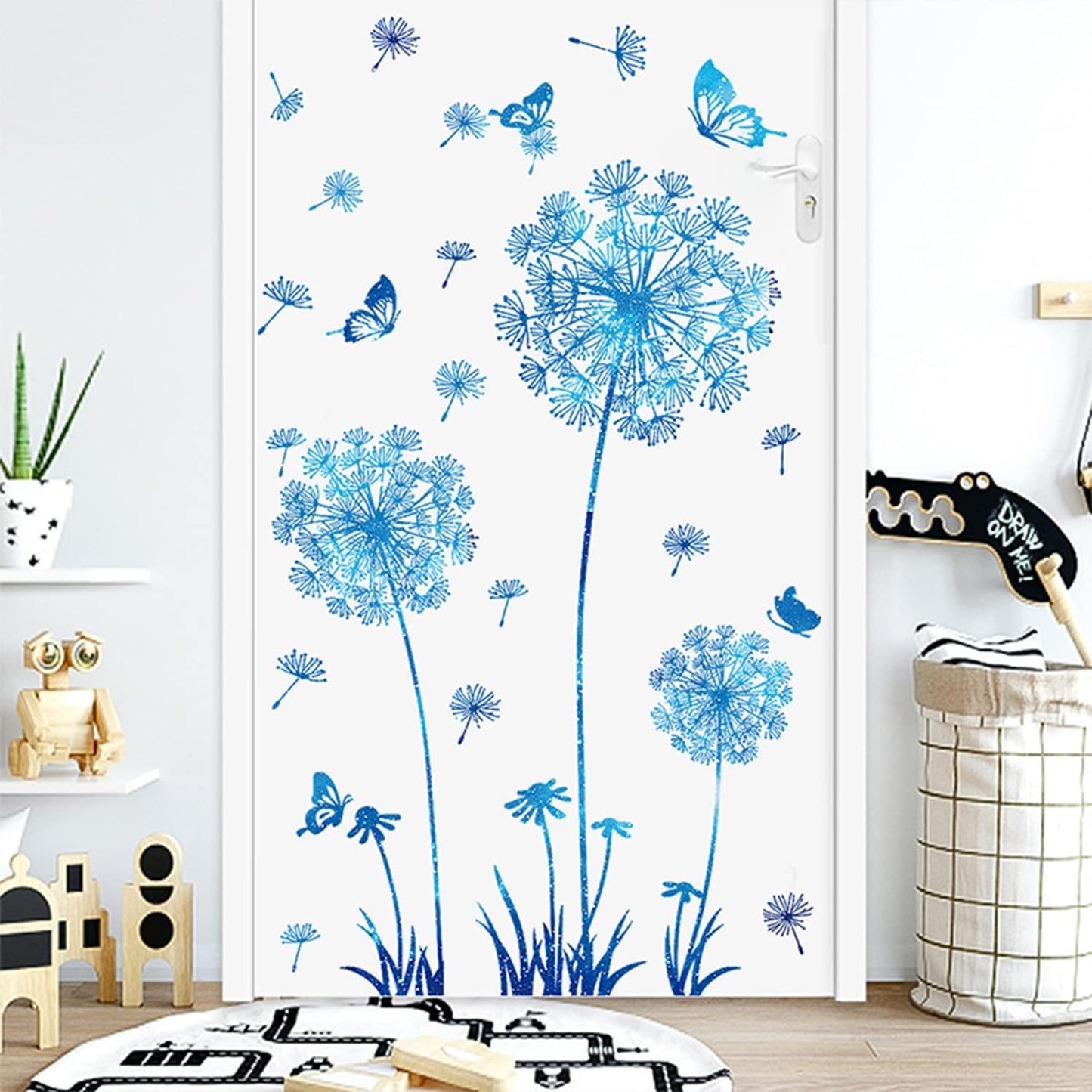 2 Set Dandelion Wall Decals - Blue Flower Stickers, Murals, Butterflies Decor for Bedroom, Office, Bathroom, Living Room - Floral Removable Peel and Stick Room Decoration