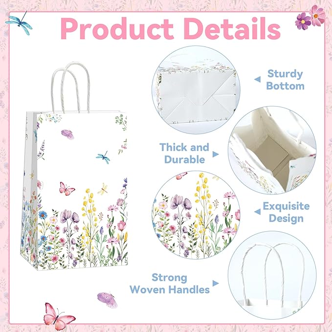 Naozinebi 24Pcs Floral Gift Bags Wildflower Party Favors Wedding Welcome bags Wildflower Candy Treat Bags with Handle Wild Floral Thank You Bags for Wedding Baby Shower Tea Birthday Party Supplies