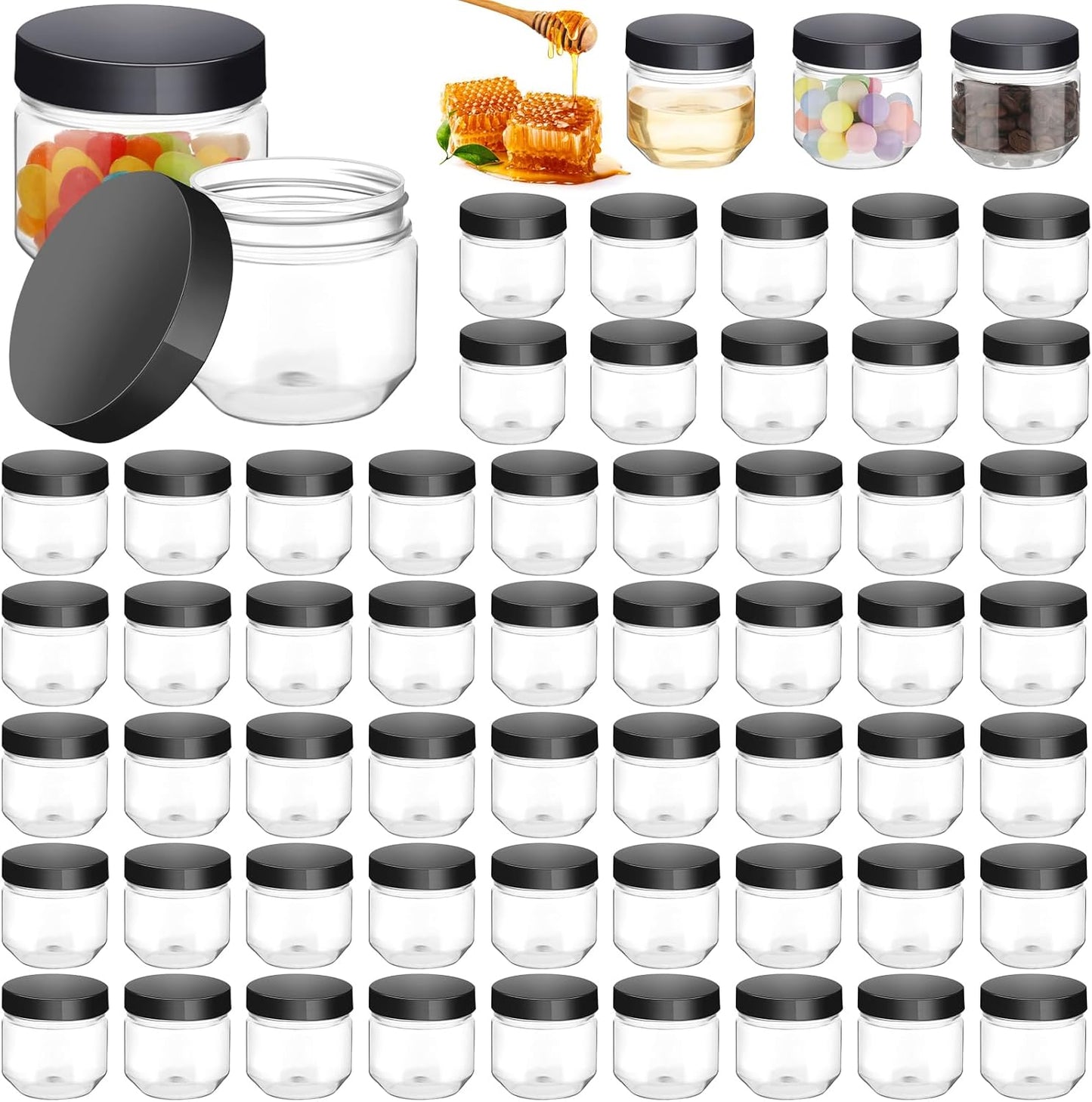 Tanlade 60 Pcs 3 oz Clear Plastic Jars with Lids Wide Mouth Mason Jars Mini Storage Containers Bulk for Herb Jelly Wedding Valentine Favors Shower Party Favors(Sleek Black)