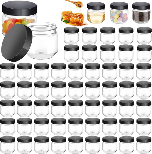 Tanlade 60 Pcs 3 oz Clear Plastic Jars with Lids Wide Mouth Mason Jars Mini Storage Containers Bulk for Herb Jelly Wedding Valentine Favors Shower Party Favors(Sleek Black)