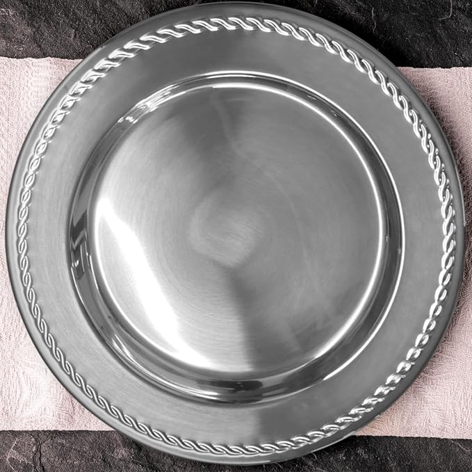 13-Inch Stainless Steel Twist Pattern Charger Plates, 6 Pcs Silver Dinner Plate Chargers, Round Server Ware Charger Plate