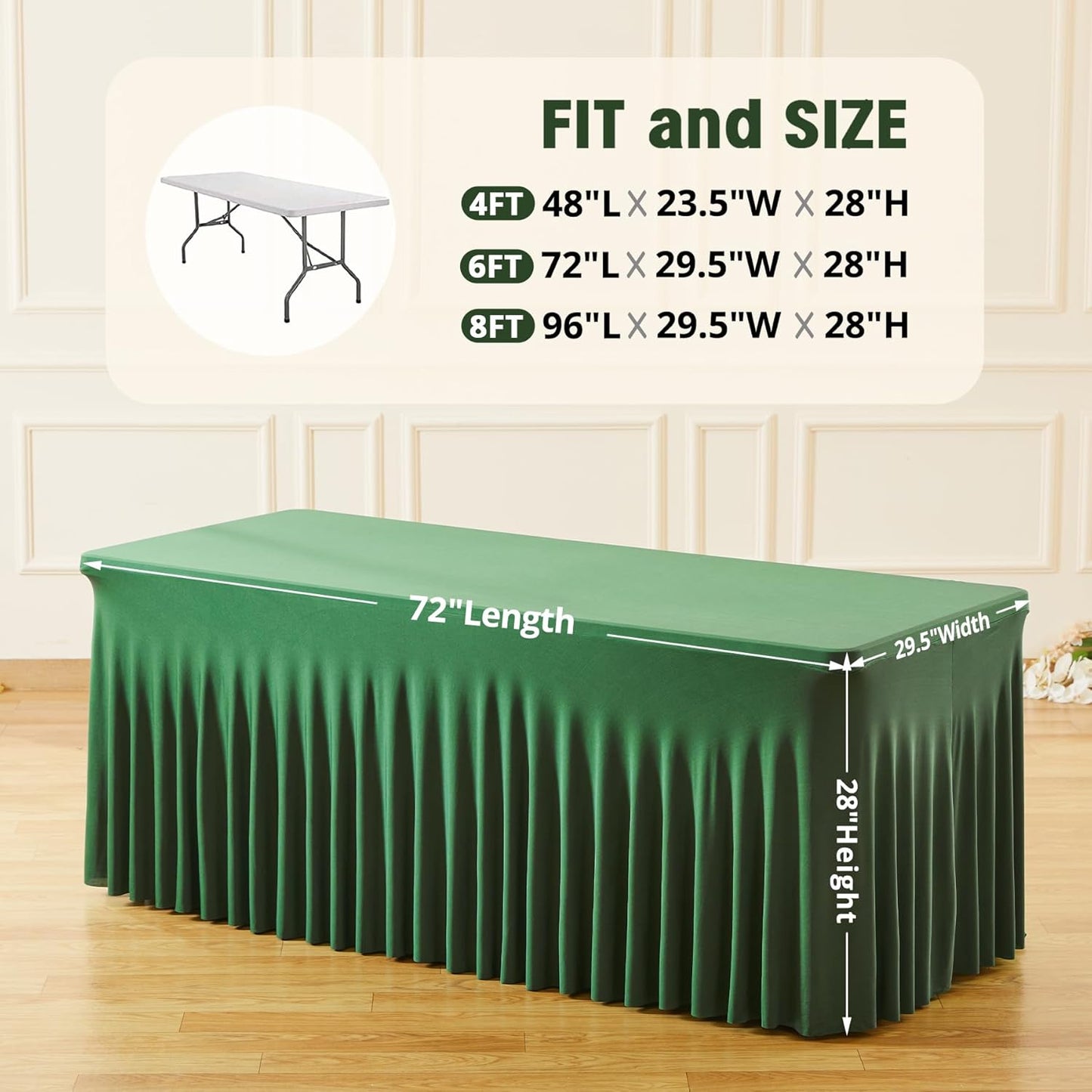 Besutolife 2 Pack Emerald Green Spandex Tablecloth for 6ft Rectangle Tables Fitted Table Cloth Stretch Table Covers Skirt 6ft Rectangular Tablecloths for Banquet Parties Wedding Decorations
