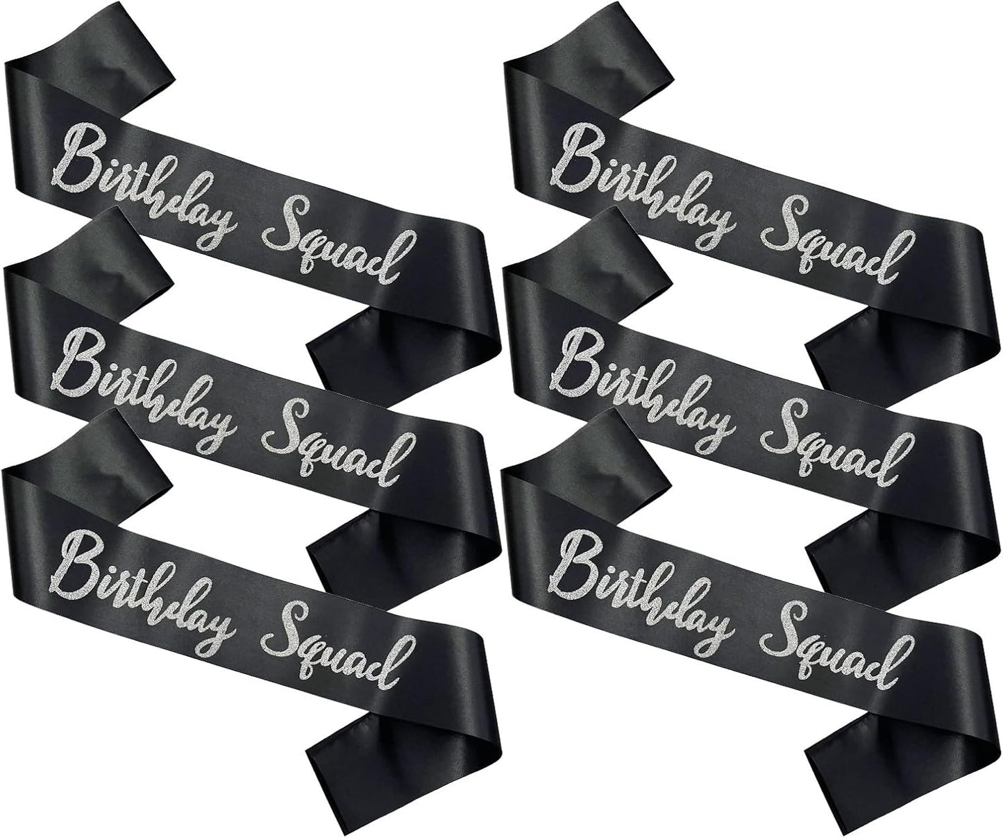 Birthday Squad Sash, 6 Pieces Black with Silver Glitter Letter Birthday Gift Sashes Set for Women Funny Party Favors Decorations for 13th 16th 18th 21st 25th 30th 40th 50th or Other Bday