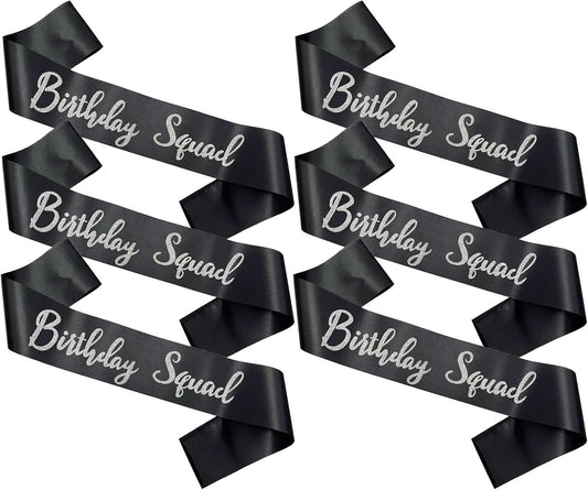 Birthday Squad Sash, 6 Pieces Black with Silver Glitter Letter Birthday Gift Sashes Set for Women Funny Party Favors Decorations for 13th 16th 18th 21st 25th 30th 40th 50th or Other Bday
