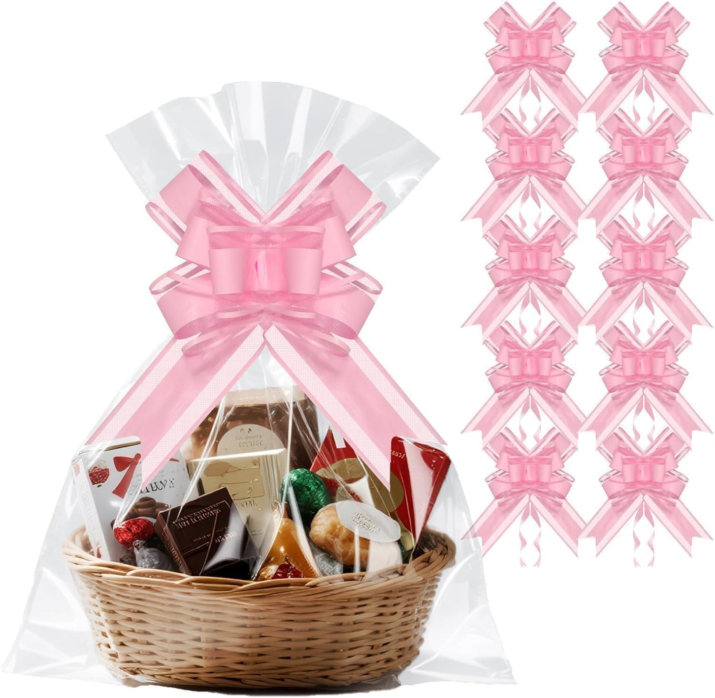 PigPotParty 16"x24" Clear Cellophane Gift Bags - Includes Bows – 10 Pack Cellophane Wrap for Gift Baskets, Plastic Gifts Bags for Gift Giving
