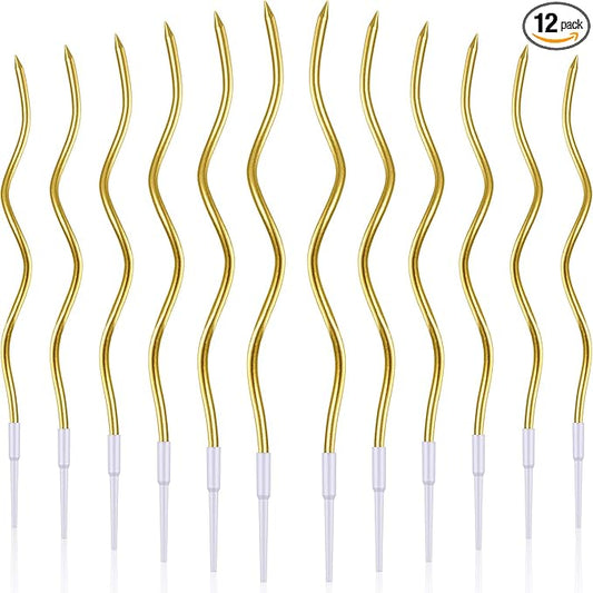 BBTO 12 Pcs Twisted Birthday Candles Spiral Metallic Cupcake Thin Long Cake Candles with Holders for Birthday Wedding Party(Gold)