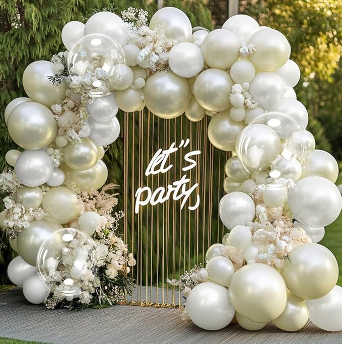 Pearl Balloon Arch - Double Stuffed Pearl Gold Balloon Garland Kit Beige Cream Balloons Different Sizes 12/10/5in With Clear Bobo Balloons For Birthday Wedding Bridal Baby Shower Baptism Party Decor