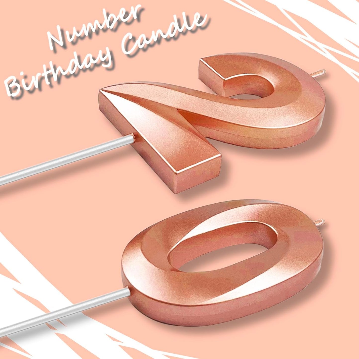 Rose Gold Number 20 Candles, 3D Diamond 2.76 Inch Cake Topper Birthday Candles for Wedding Anniversary Cake Decorations, Happy Birthday Party Decorations