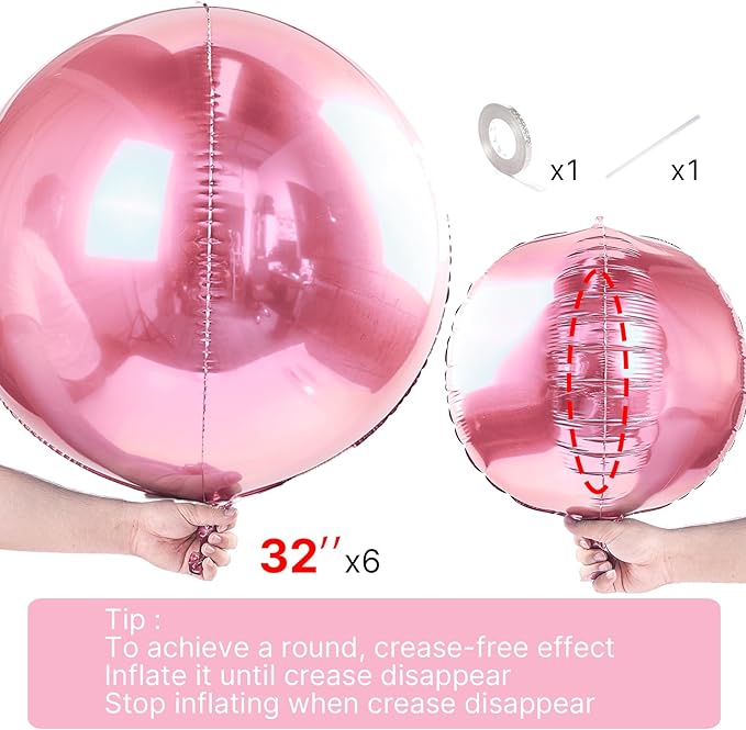 PartyWoo Pearl Pink Foil Balloons 6pcs 32 Inch Large Round Foil Big Giant 4D Jumbo Inflatable Mirror Ball Mylar Balloons for Baby Shower Birthday Gender Reveal Tea Princess Party Decorations