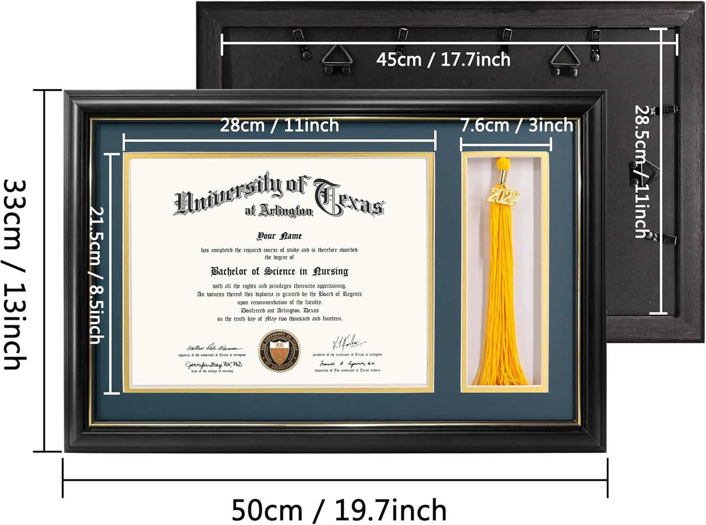 GraduationMall 11x17 Black Wood Diploma Frame with Tassel Holder for 8.5x11 Certificate Document,Real Glass,Navy Blue over Gold Mat