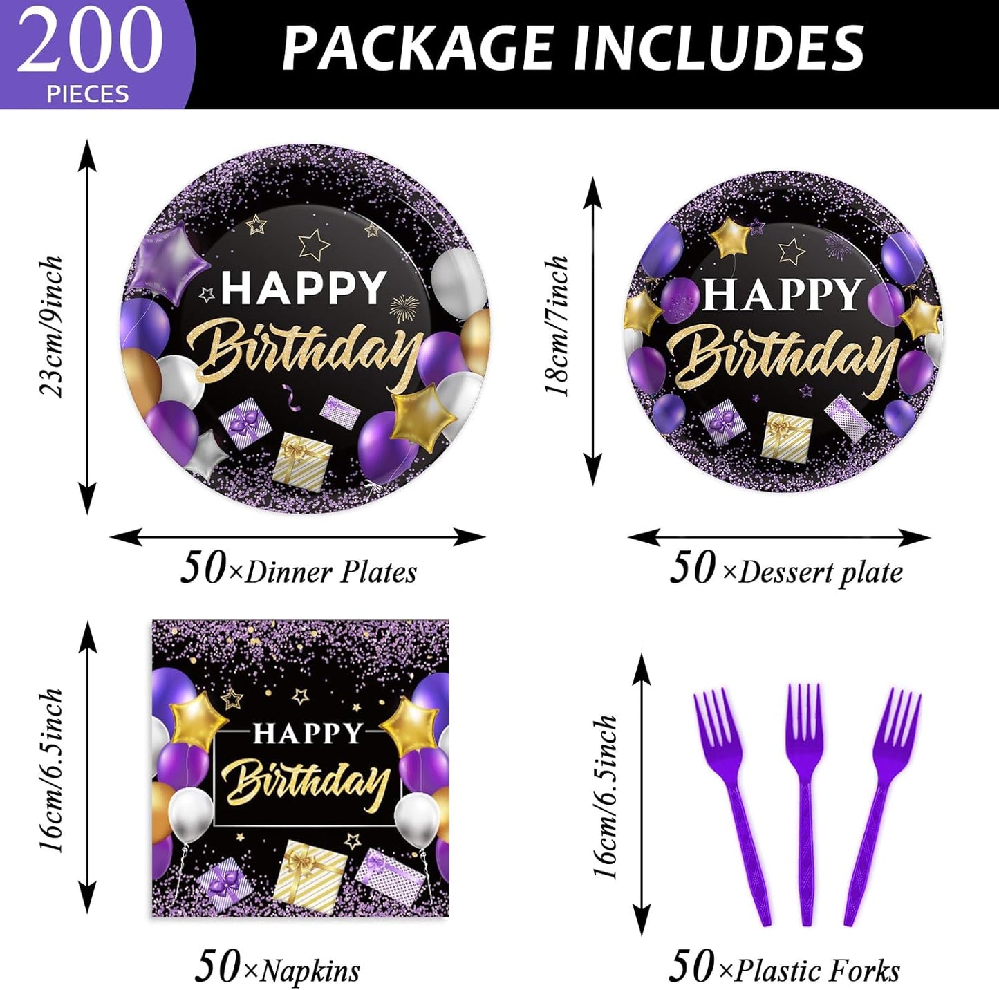 gisgfim 50 Guests Purple Birthday Plates and Napkins Purple and Black Happy Birthday Party Supplies Tableware Set Table Decorations for Women Girl Birthday Decoration Paper Plates Napkins Forks 200PCS