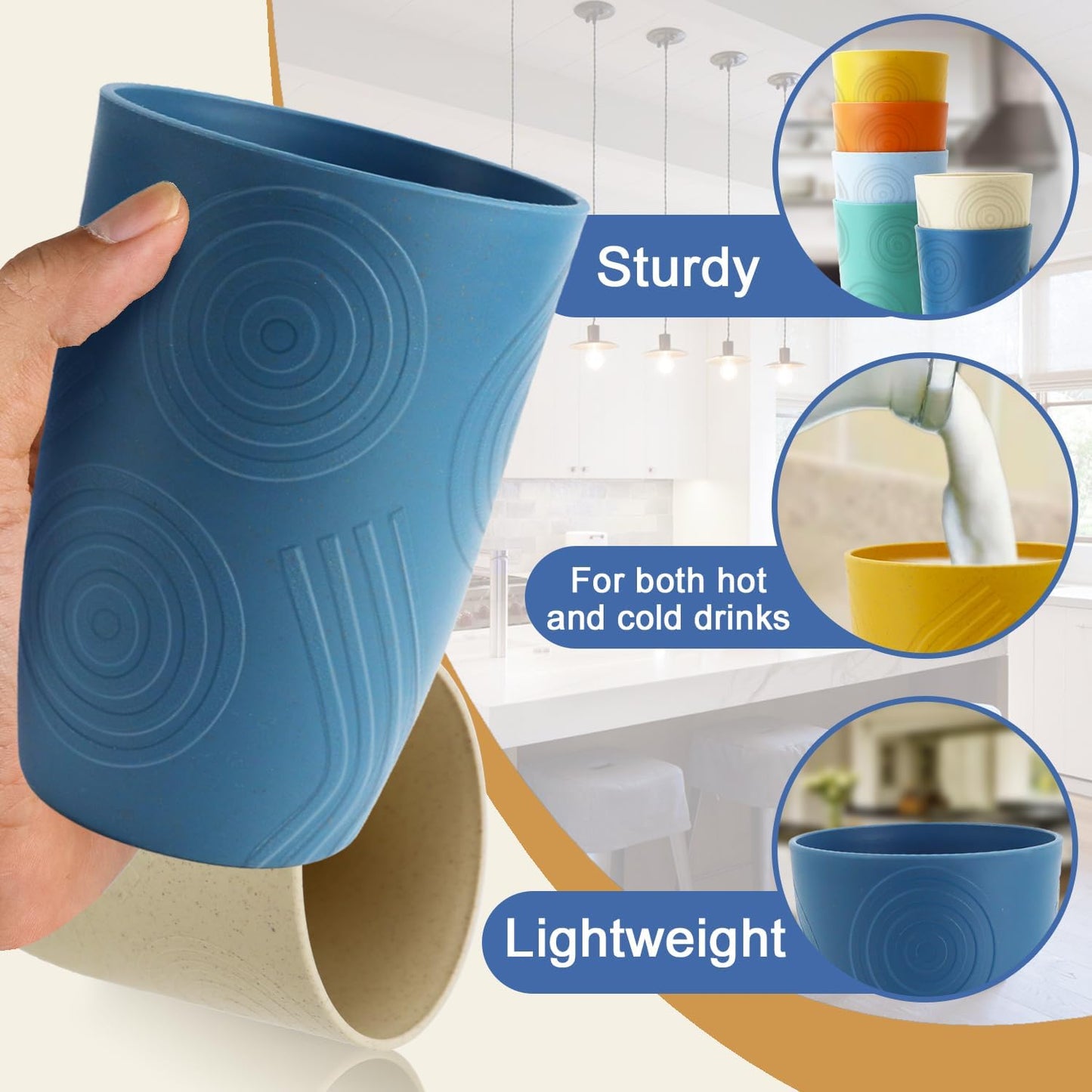 Unbreakable Wheat Straw Cups - 16 OZ Plastic Drinking Glasses Reusable, Large Drinking Cups, Lightweight Kitchen Cups Sets of 6, Microwave & Dishwasher Safe Water Tumbler (Multicolor)