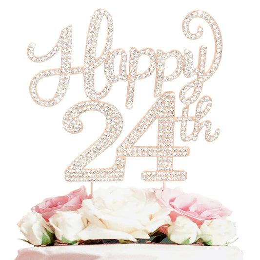 LASKYER Happy 24th Birthday Decorations,24th Birthday Gold Rhinestone Cake Topper - Cheers to 24 Years Old Bday Party Metal Sparkly Cake Centerpieces Sign.