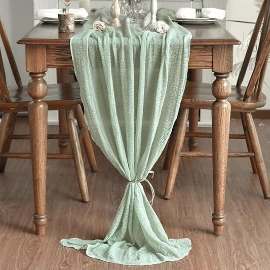 Artoid Mode Boho Cheesecloth Gauze Sage Green Wedding Table Runner, 120 Inch Seasonal Fabric Kitchen Dining Holiday Table Decor for Home Party Indoor