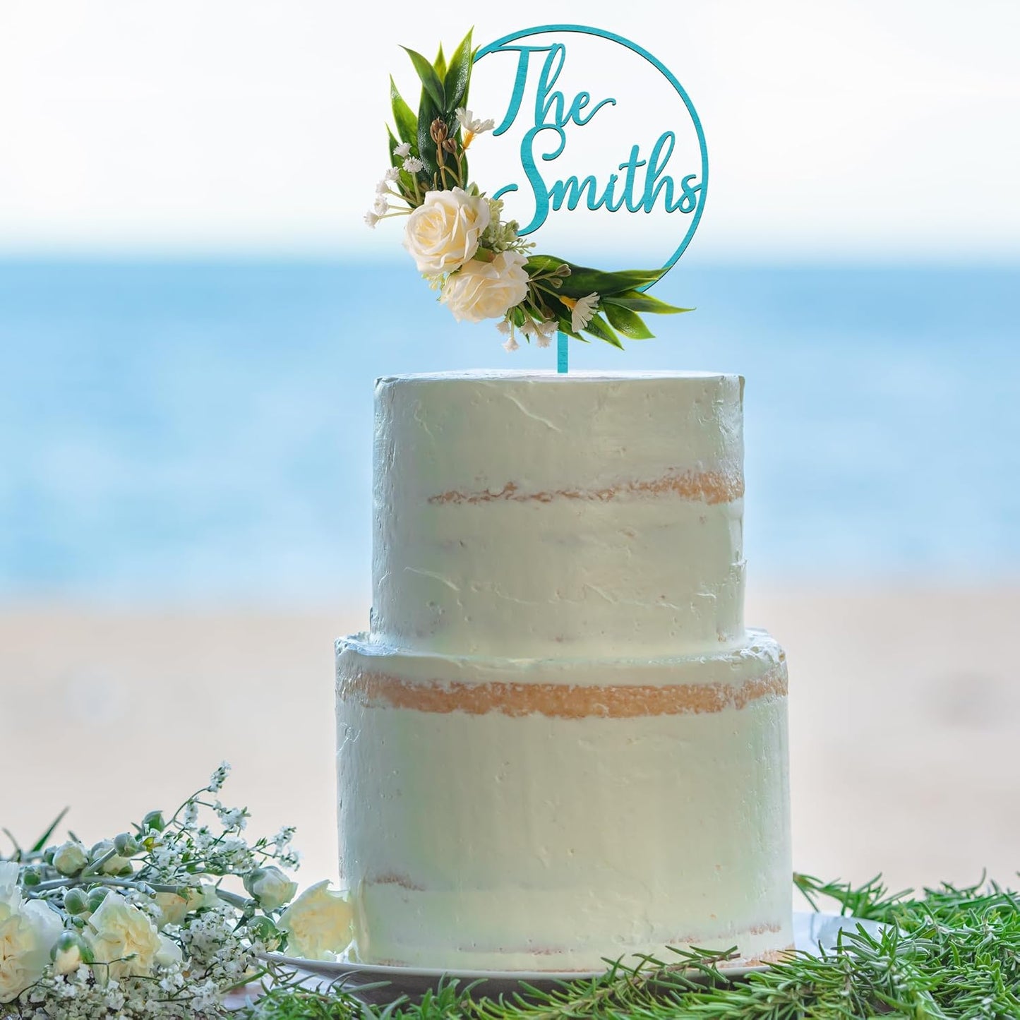 3D Flowers Wedding Cake Topper Custom Last Name Wedding Cake Decoration in Wood with 3D Artificial Roses (Turquoise)
