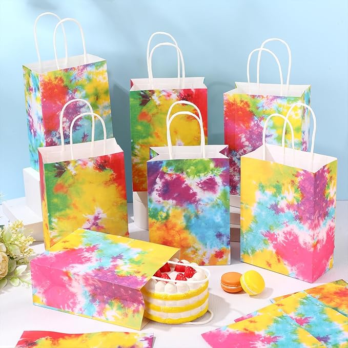 Gaillty 24 Pcs Tie Dye Party Favor Bags Camouflage Goodie Gift Bags with Handles Colorful Rainbow Paper Treat Candy Totes for Retro Theme Birthday Party Supplies Decorations