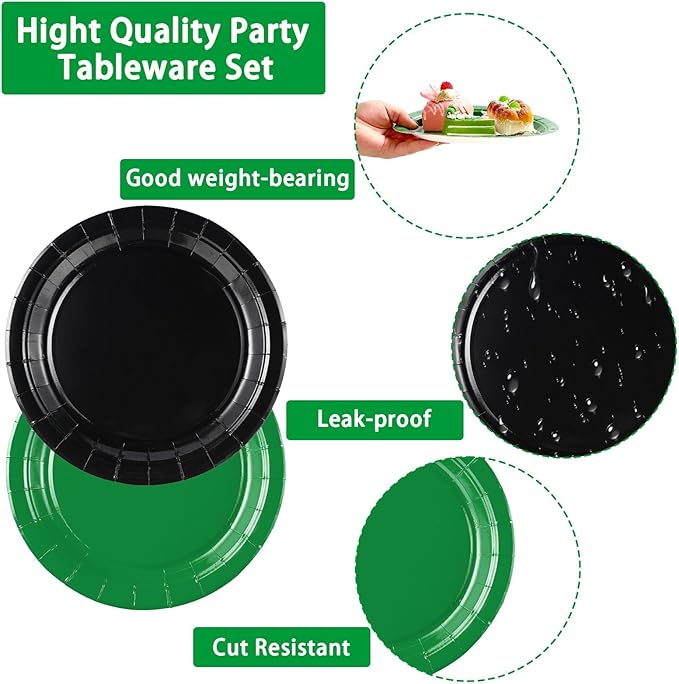 Grencian 96 Pcs Green and Black Birthday Decorations Solid Color Party Plates and Napkins Disposable Heavy Duty Green and Black Tableware Set for Holiday Birthday Baby Shower Party Decorations