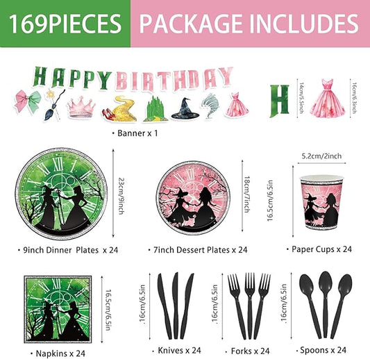 169Pcs Pink and Green Witch Birthday Decorations, Include Plates Napkins Cups Banner Knives Forks Spoons, Serve 24