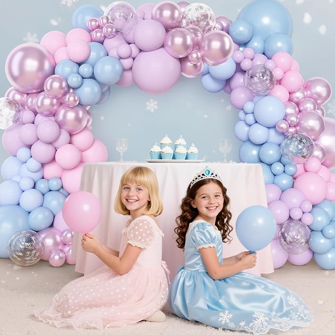 Amandir 153pcs Pink Purple Blue Balloons Arch Garland Kit, Different Sizes 18 12 10 5 inch Metallic Pastel Iridescent Balloon for Girl Mermaid Snowflake Princess Birthday Party Baby Shower Decorations