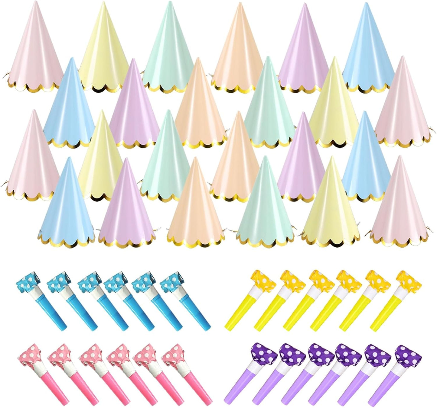 24 Pcs Pastel Birthday Party Hats with 24 Colorful Noise Makers Party Headwear for Birthday for Party Decorations Bridal Shower Supplies