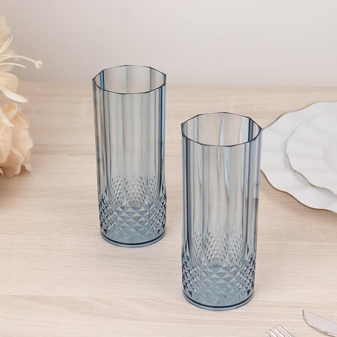 Efavormart 6-Pack Plastic Highball Glasses, 14oz Shatterproof Crystal Cut Drink Glasses for Kitchen Mojito Whiskey Cocktail, Dusty Blue