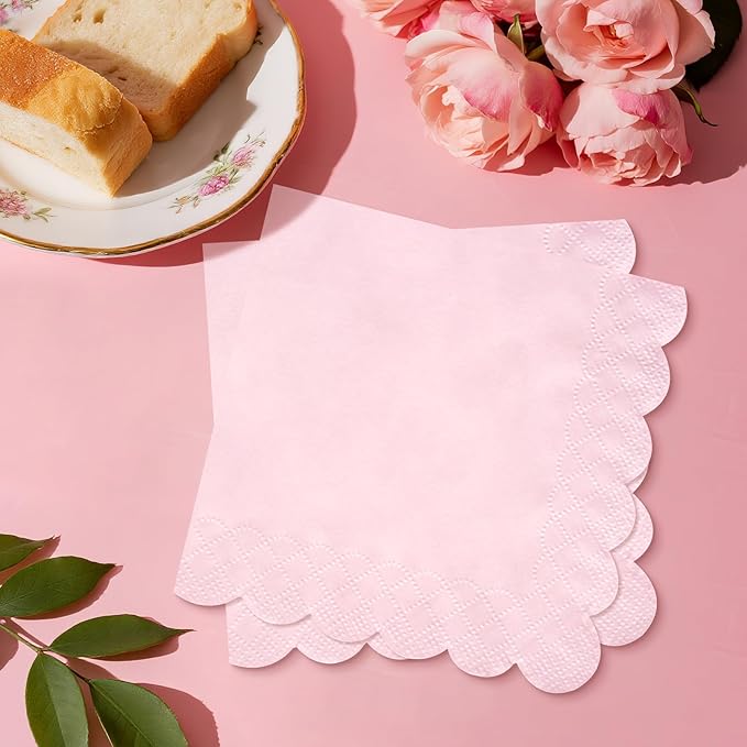 120 Pcs Pink Scalloped Cocktail Napkins,2-Ply Pink Disposable Beverage Party Napkins for Dinner Wedding Birthday Baby Shower