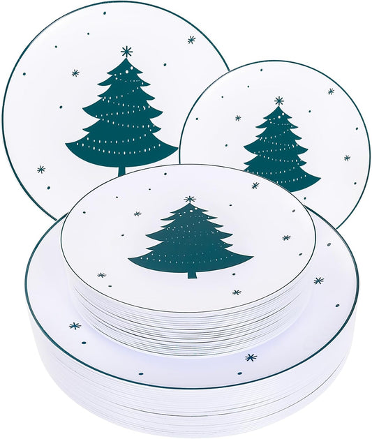 WDF 50 Pieces Christmas Plastic Plates - White Plastic Plates with Christmas Tree - Heavy Duty White and Green Disposable Plates for Christmas